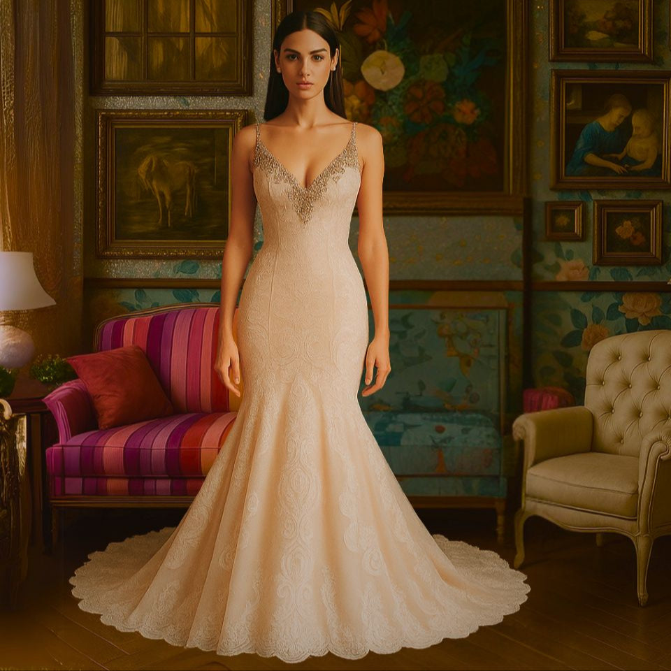 slim fit dress slacks Champagne Sheath Wedding Gown with Ivory Lace Appliques – loveangeldress