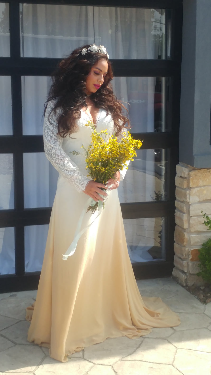 Honey boho bridal Ombre dyed chiffon and lace wedding dress sz 6