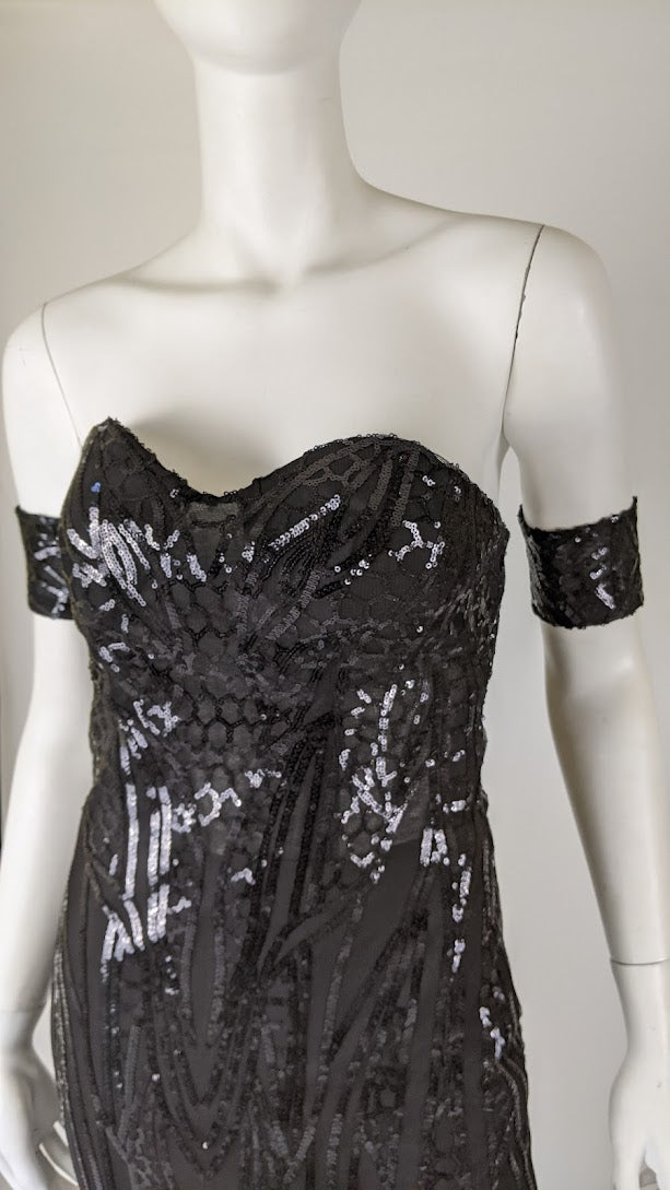 SAMPLE Destini sz 0/2 off-shoulder black sequin prom gala bridesmaid formal