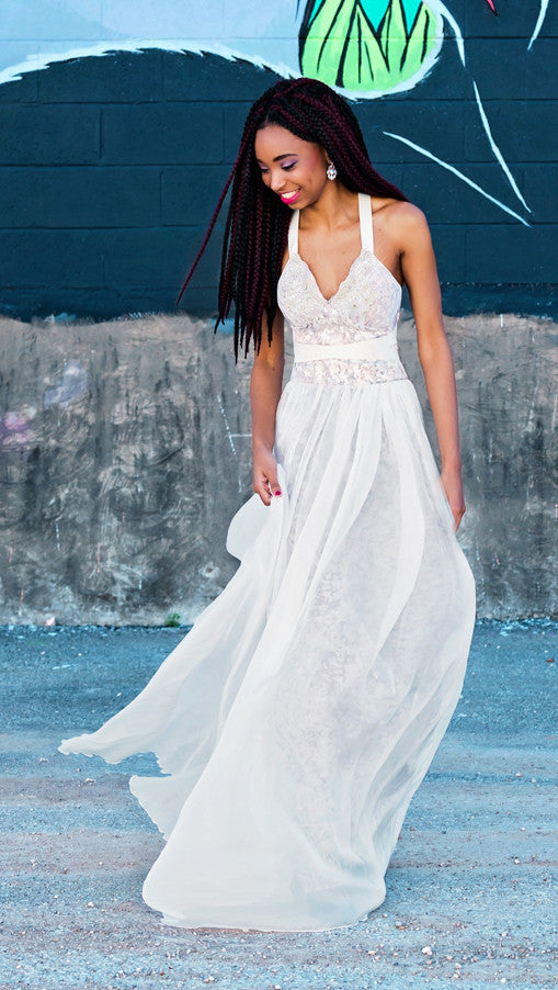 11707 Joni chiffon wrap open back gown with floral print underlay – Renegade Bridal & Dye Lab