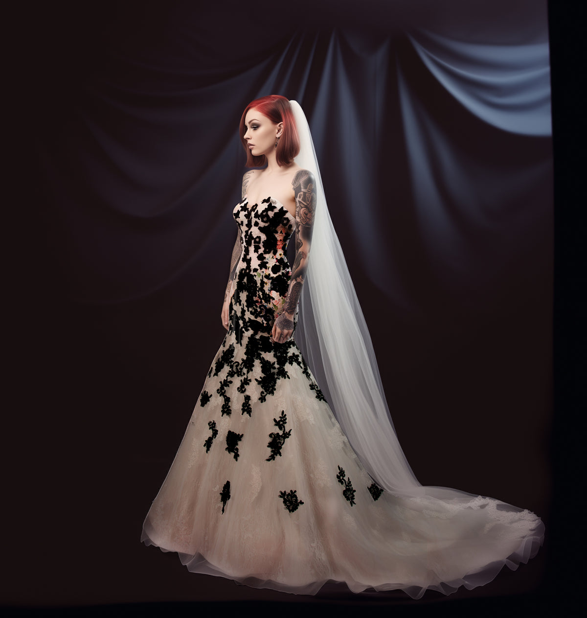 Odessa sample: Black Champagne Lace mermaid with floral print – Renegade Bridal & Dye Lab