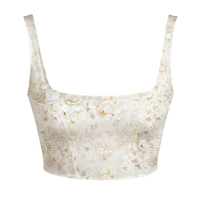 A square-neck wedding dress top featuring a delicate floral pattern in soft beige, cream, and muted gold tones, set against a solid white background.