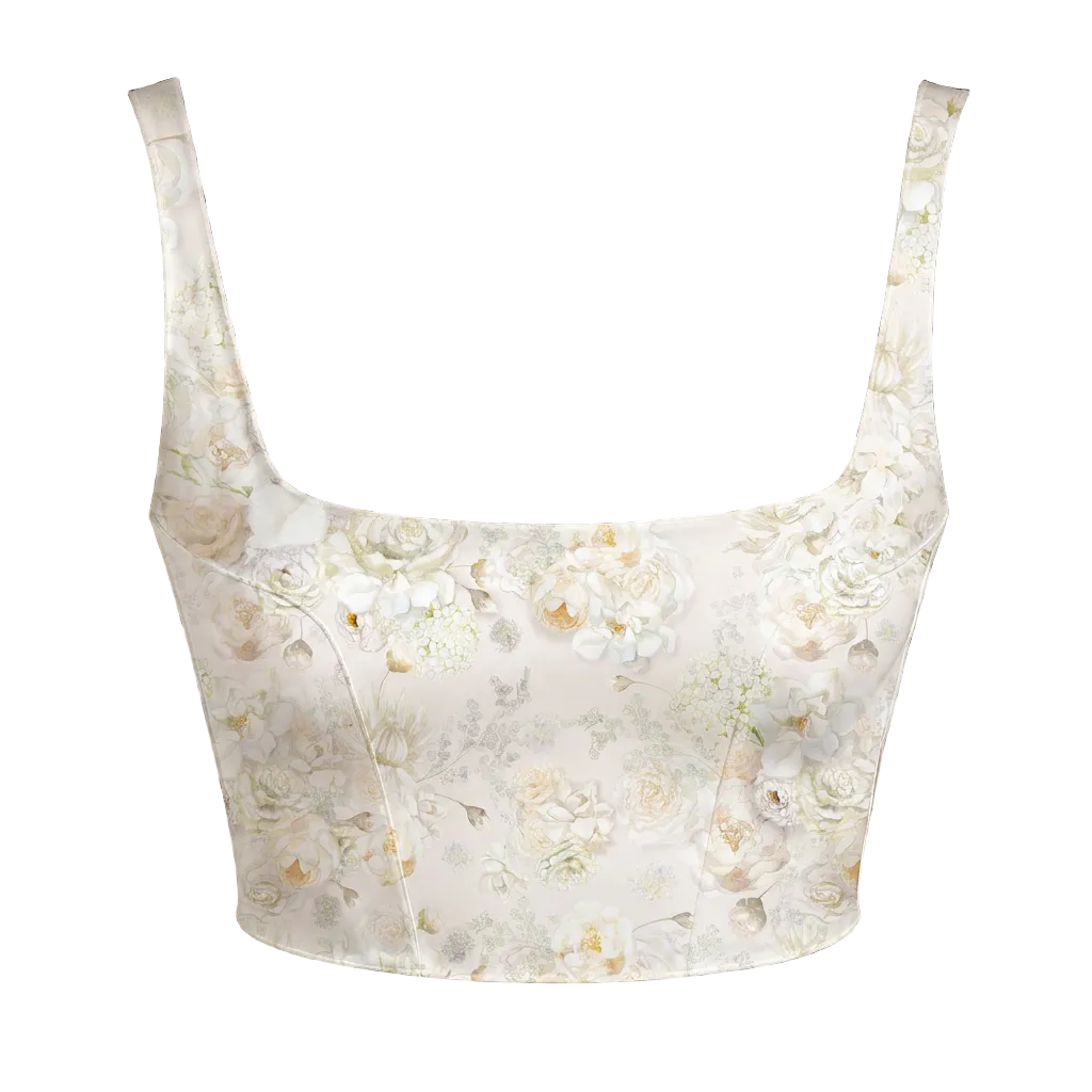 A square-neck wedding dress top featuring a delicate floral pattern in soft beige, cream, and muted gold tones, set against a solid white background.
