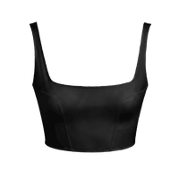 A black satin crop top with a square neckline and wide shoulder straps, shown against a plain white background.