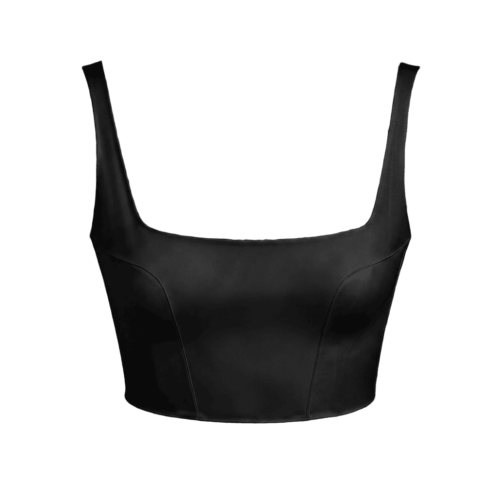 A black satin crop top with a square neckline and wide shoulder straps, shown against a plain white background.
