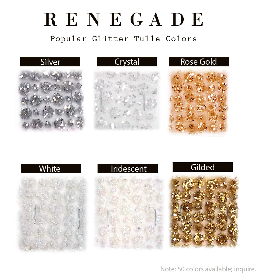 Popular glitter tulle colors: Silver, Crystal, Rose Gold, White, Iridescent, Gilded for custom bridal designs.