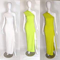 One-shoulder wedding dresses in white, lime, and yellow with side slits for modern bridal style