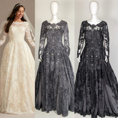 Elegant lace wedding dresses in white, gray, and black with long sleeves and intricate detailing.