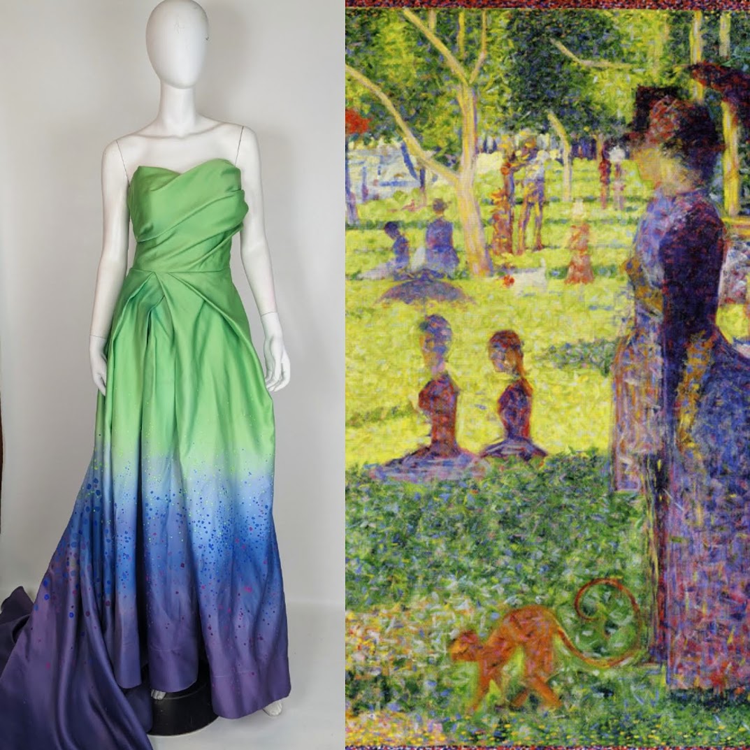 Green to purple ombre wedding dress with speckled details, inspired by impressionist art