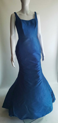 Blue mermaid wedding dress with square neckline, custom bridal gown for unique celebrations