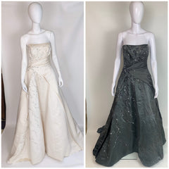 Elegant strapless wedding dresses with floral embroidery, available in ivory and charcoal gray.
