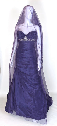 Deep purple strapless wedding dress with beaded bodice and sheer veil, custom bridal gown