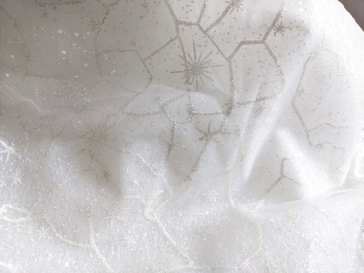 Sparkling white bridal fabric with starburst embroidery, ideal for custom wedding dresses and luxury bridal design.