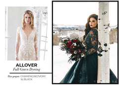 Custom dyed wedding dress in black, ombre champagne to black, with lace detailing and winter bouquet