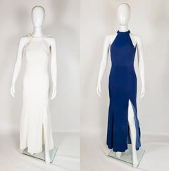 White and navy blue halter neck wedding dresses with front slits, shown on mannequins