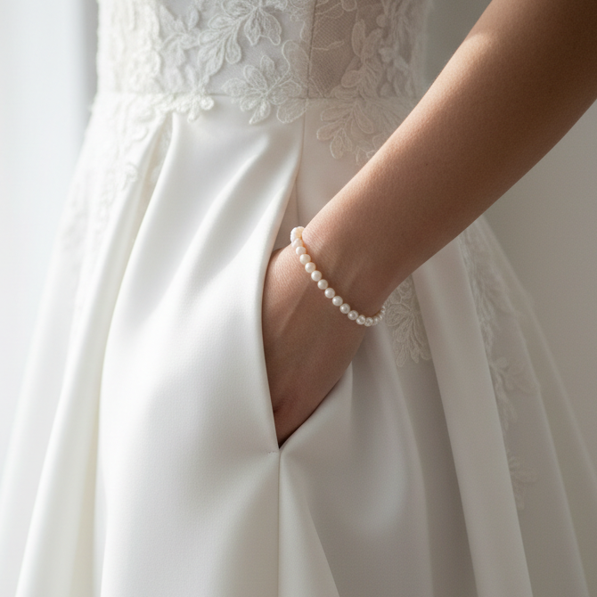 closeup of a model's hand partially inside a side seam pocket on a wedding gown