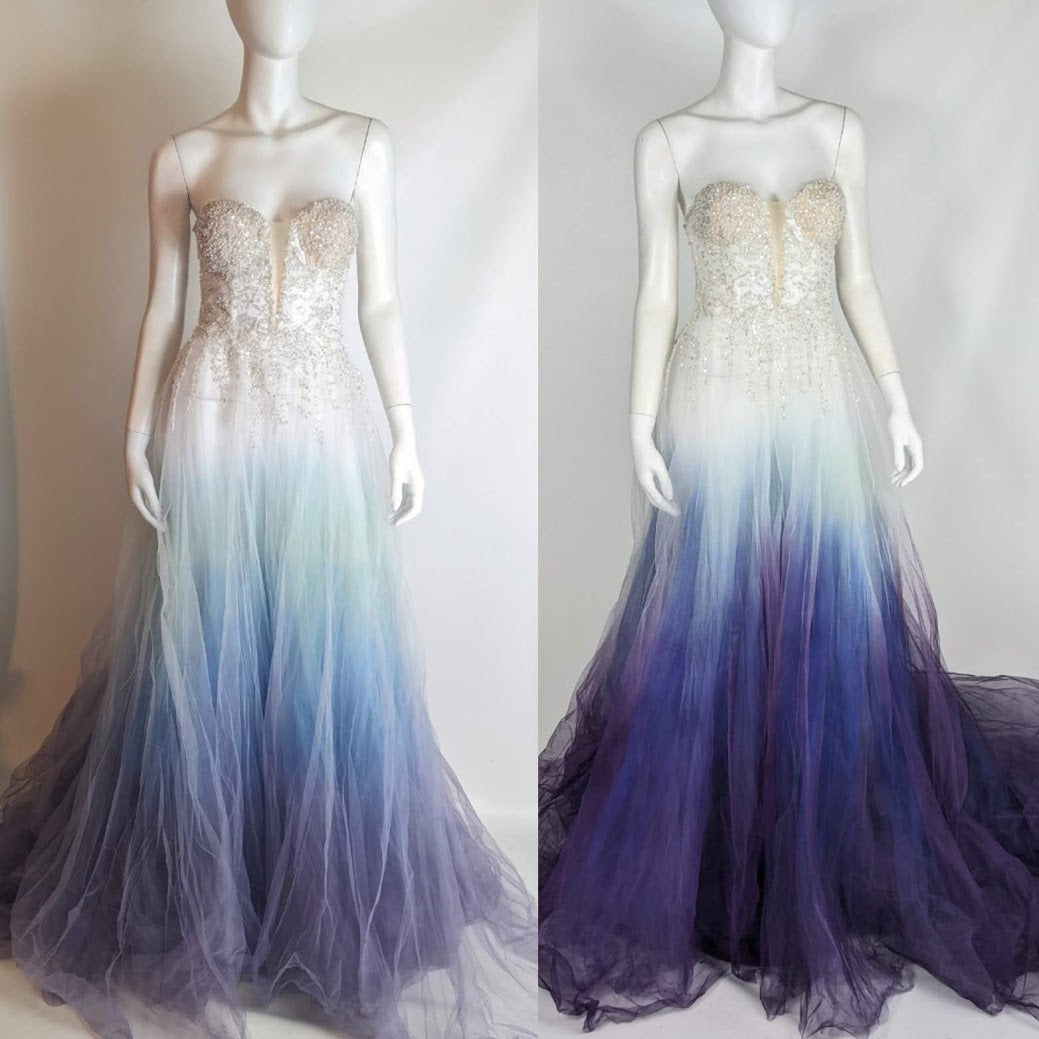 Ombre wedding dress with gradient blue to purple tulle skirt and beaded bodice