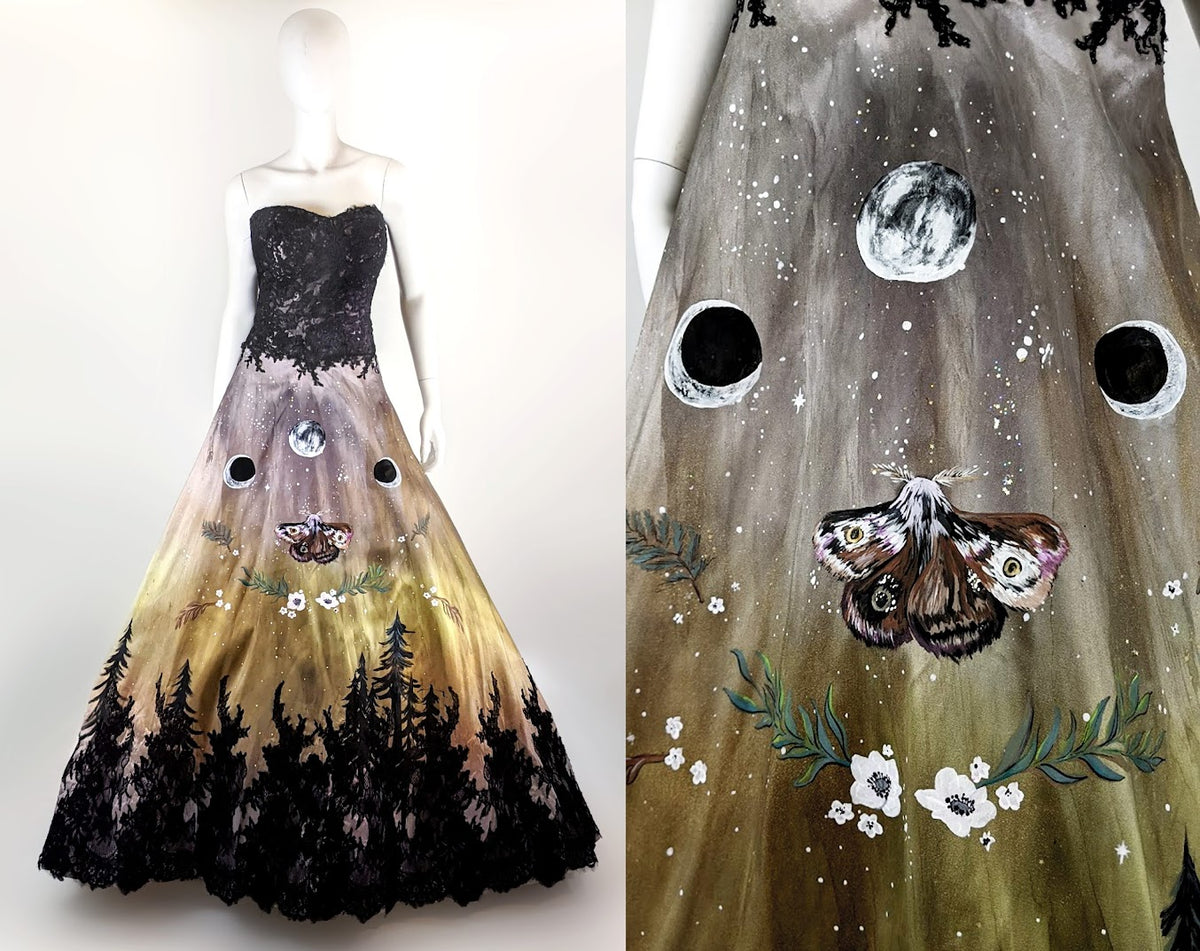 Custom wedding dress with celestial moon phases, moth, and forest design for unique bridal style