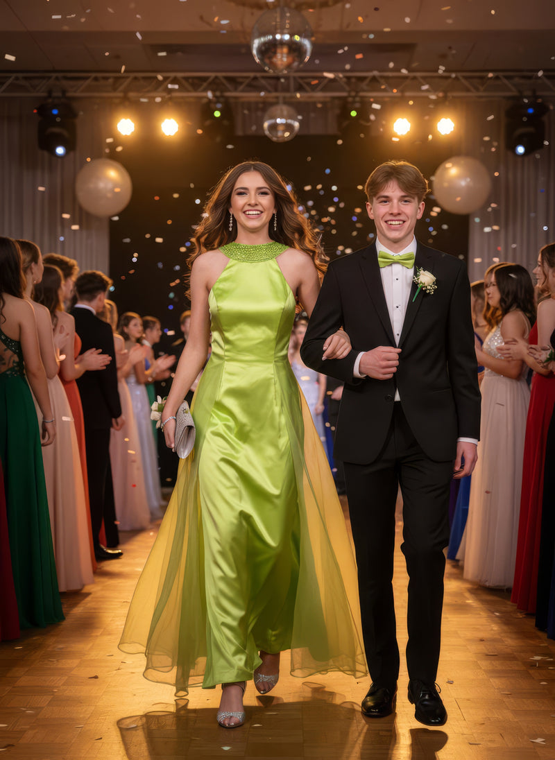 Two people in formal attire walking down a promenade with decorations and other attendees in the background.