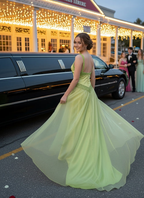 young Woman in a neon green prom dress standing in front of a limousine at night.