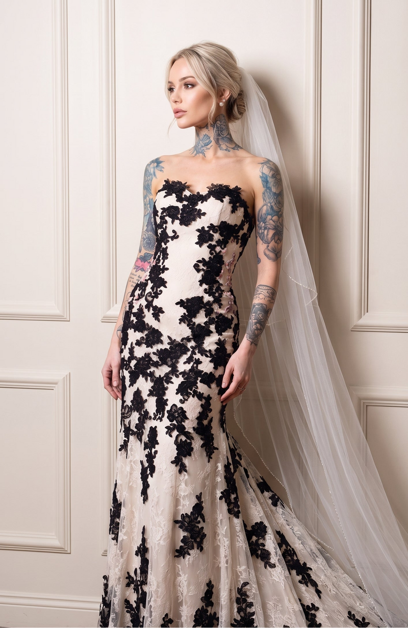 A woman modeling a strapless sweetheart mermaid-style gown with black floral lace applique over a warm ivory base, wearing a long sheer veil. She is posed against an off-white paneled wall.