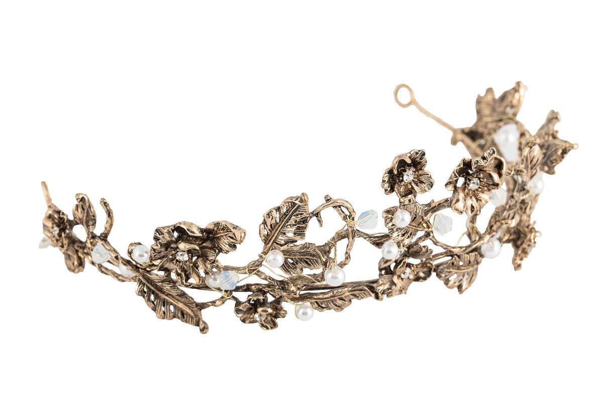 Gold floral bridal tiara with pearls and crystals, perfect for wedding hair accessories