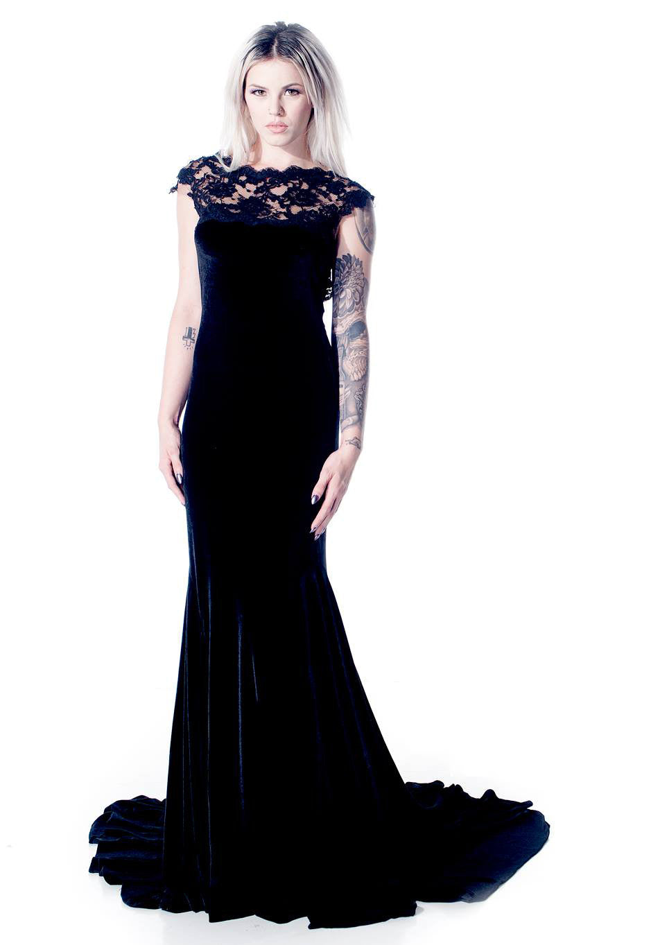 Black velvet wedding dress with lace cap sleeves and mermaid silhouette for alternative bridal style