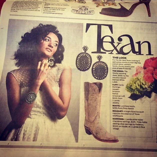 Bridal magazine spread featuring Texan wedding dress, cowboy boots, statement earrings, and floral bouquet for rustic wedding style