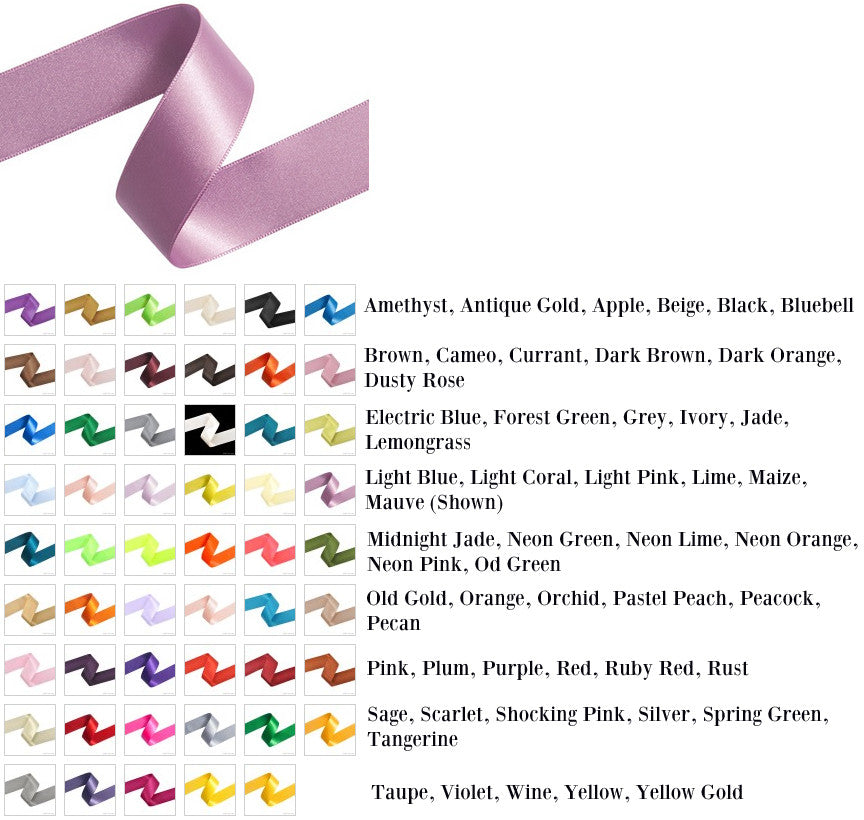 Mauve satin ribbon swatch with 50+ color options for custom bridal dress dyeing and detailing
