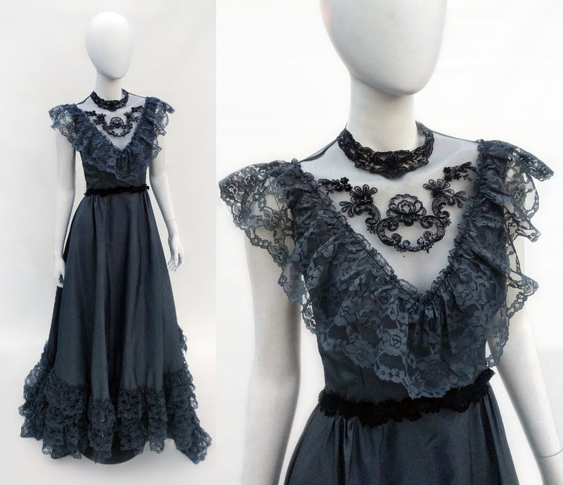 VINTAGE upcycled black wedding dress taffeta lace A-line sz0/2