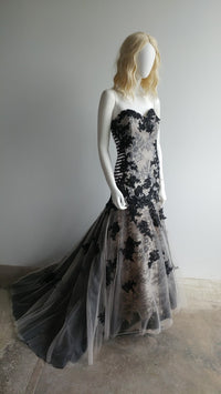 Black lace strapless wedding dress with tulle skirt, custom bridal gown for unique celebrations