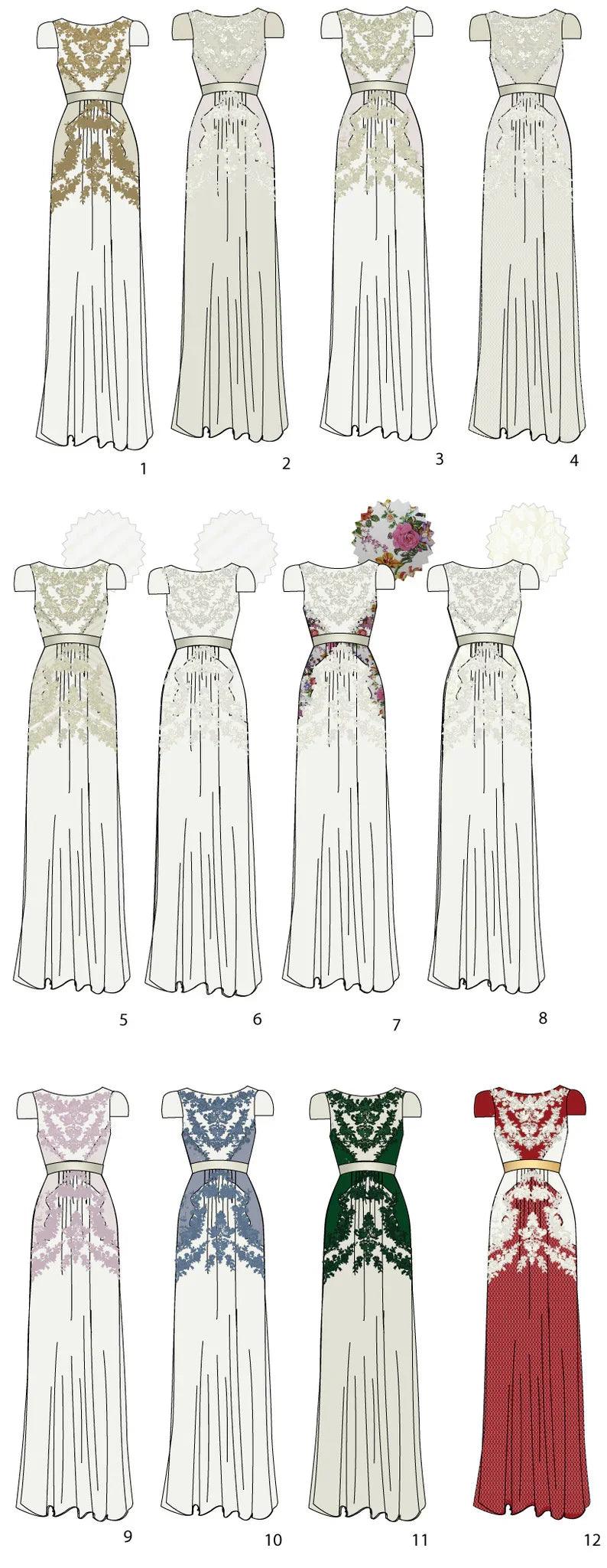 Custom wedding dresses with floral lace, ombre, and vibrant dye options for unique bridal styles.