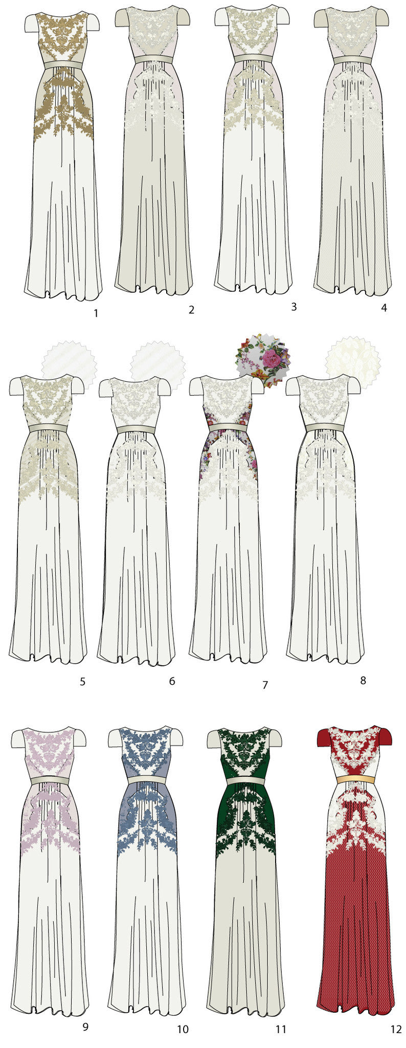 Custom wedding dresses with floral lace, ombre dye, and vibrant colors for inclusive bridal styles.
