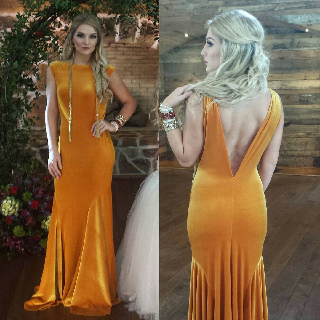 Mustard velvet mermaid wedding dress with deep V-back, custom bridal gown for inclusive celebrations