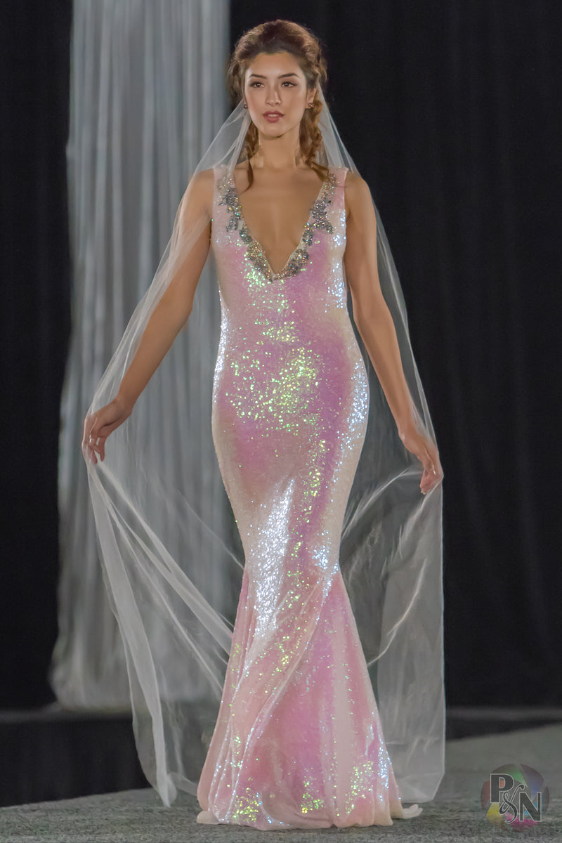 iridescent sequin wedding dress 11704 Aurora sequin rhinestone iridescent mermaid Vneck wedding gown Renegade Bridal & Dye Lab