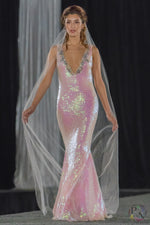 11704 Aurora sequin rhinestone iridescent mermaid Vneck wedding gown