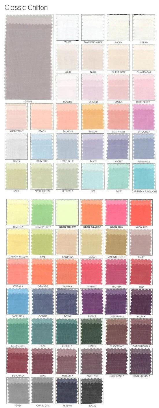 Classic chiffon fabric swatches in diverse colors for custom wedding dresses and dyeing options.
