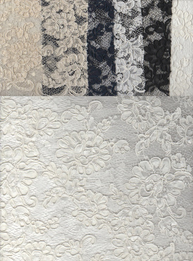 Elegant floral lace fabrics in white and black for custom wedding dresses and bridal designs