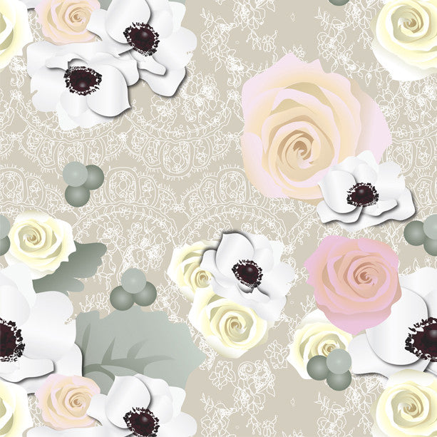 Elegant floral pattern with white anemones, blush roses, and lace accents for bridal designs