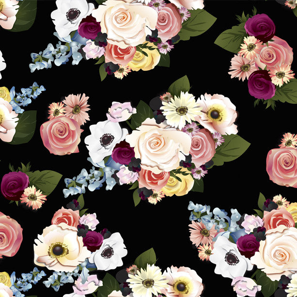 Elegant floral pattern with roses, anemones, and daisies on black background for bridal designs