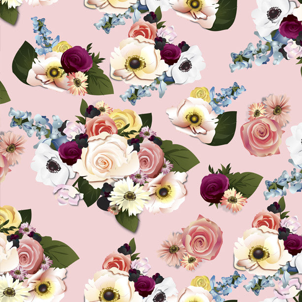 Romantic floral pattern with roses, anemones, and greenery on soft pink background for bridal designs