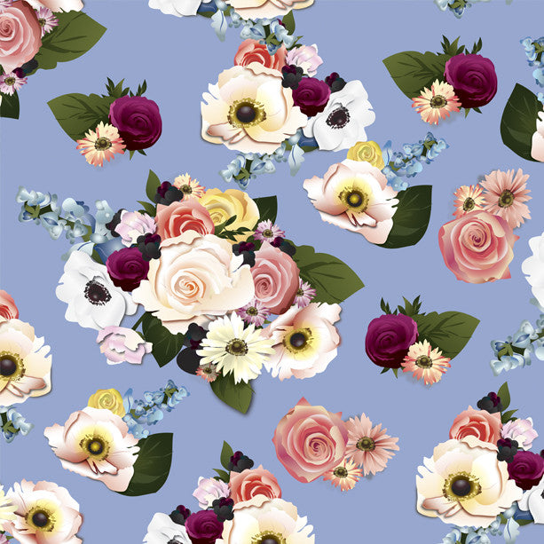 Elegant floral pattern with roses, anemones, and daisies on a soft blue background for bridal designs.
