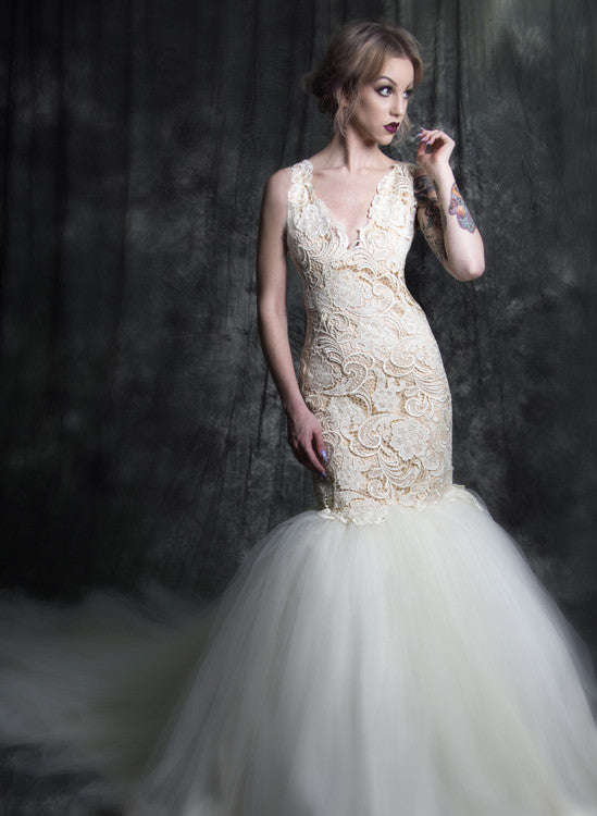 Lace mermaid wedding dress with tulle skirt, custom bridal design for inclusive celebrations