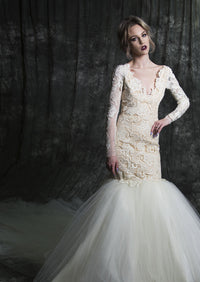 Elegant lace wedding dress with long sleeves and tulle skirt for custom bridal style