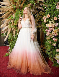 tricolor ombre dip dyed wedding dress a-line