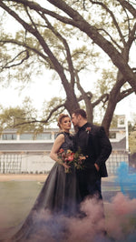 VINTAGE upcycled black wedding dress taffeta lace A-line sz0/2