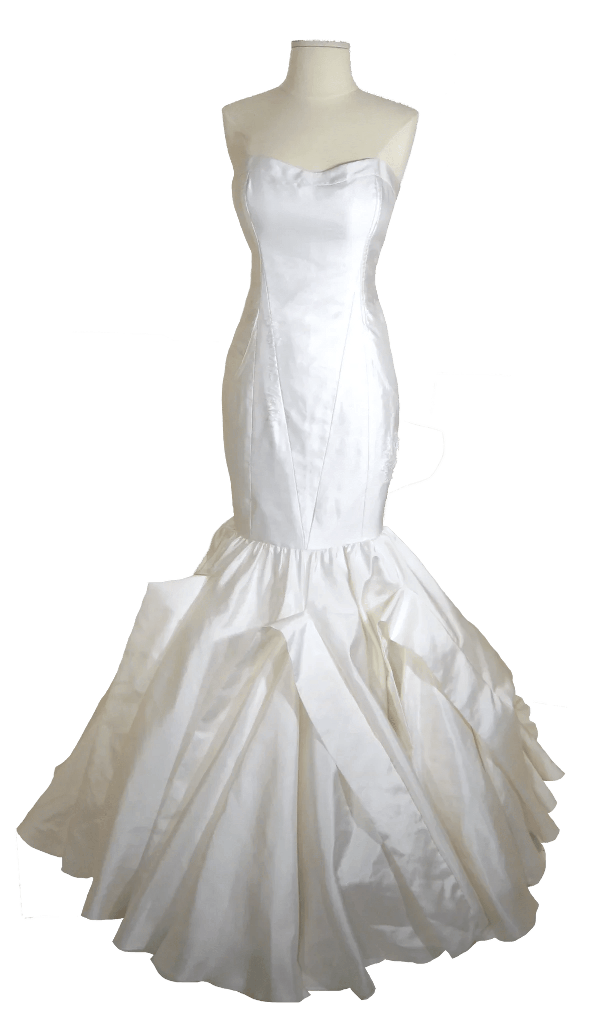 White strapless mermaid wedding dress with ruffled skirt, custom bridal design