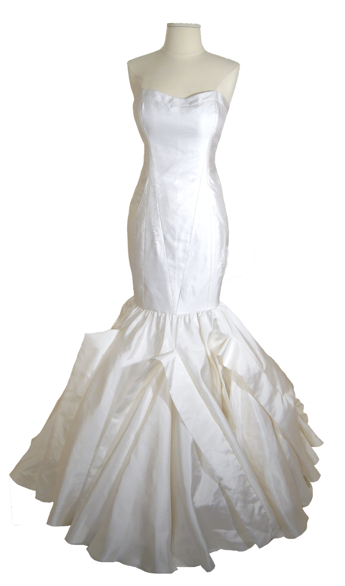 Elegant white mermaid wedding dress with ruffled skirt and strapless design