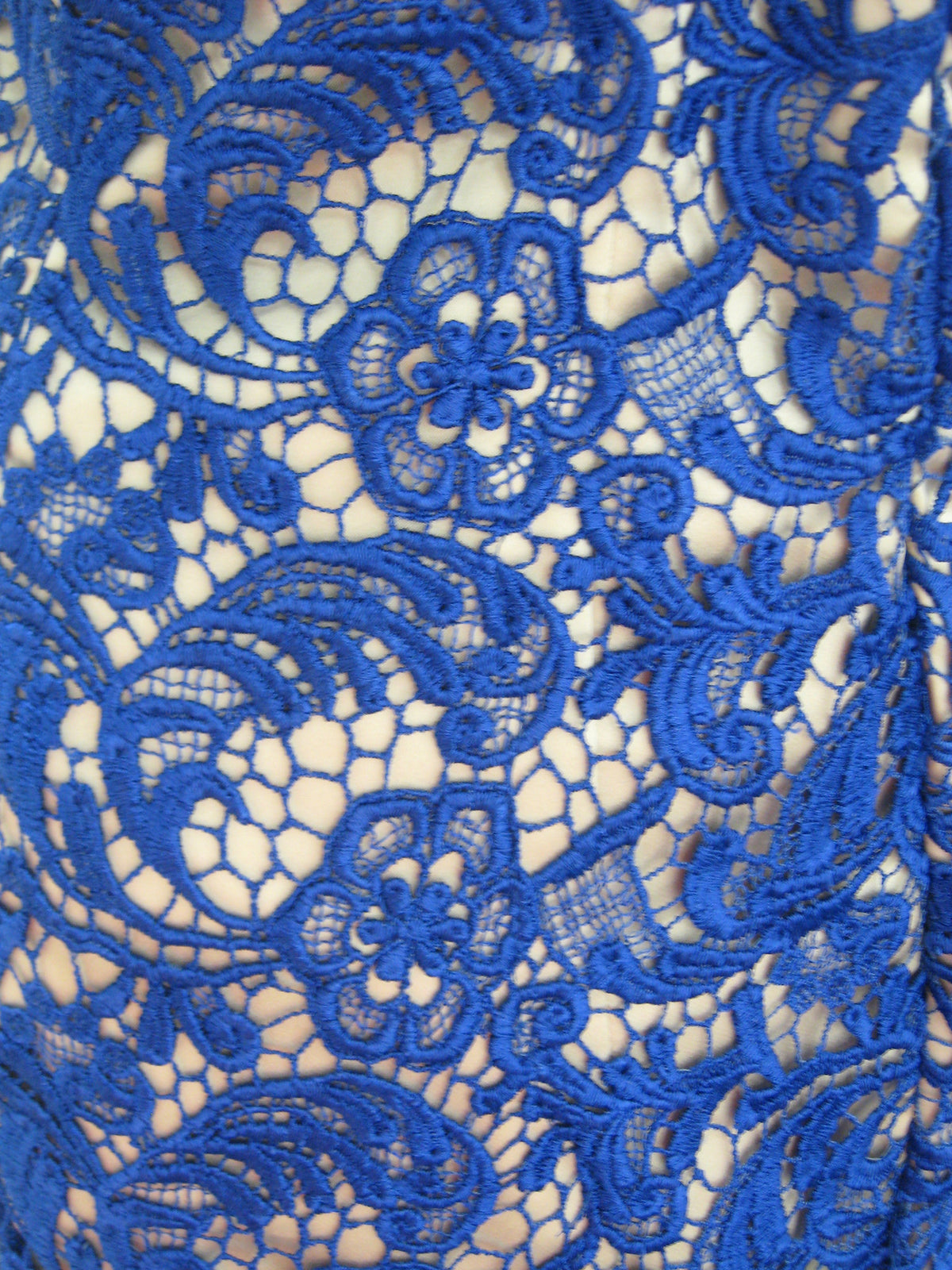 Royal blue lace with floral and swirl patterns for custom wedding dresses