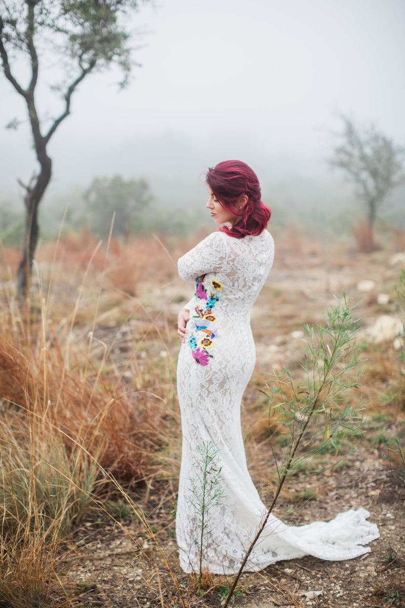 11708 Abilene Longhorn Armadillo Texas Wildflower Lace Long Sleeve Wedding Gown with Color Slipdress